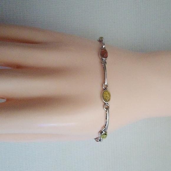 Baltic Amber multi color emerald fine 925 Sterling silver Link Bracelet - Picture 2 of 15